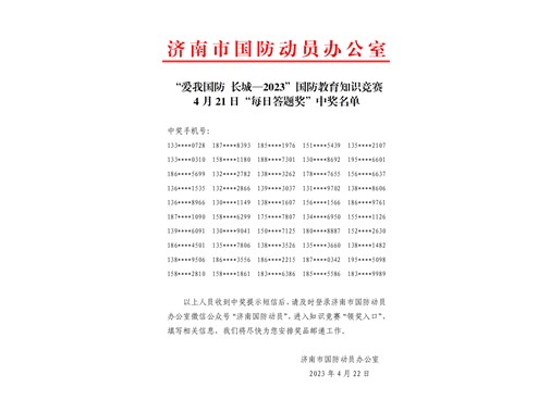 “愛我國防 長城—2023”國防教育知識競賽4月21日“每日答題獎(jiǎng)”中獎(jiǎng)名單